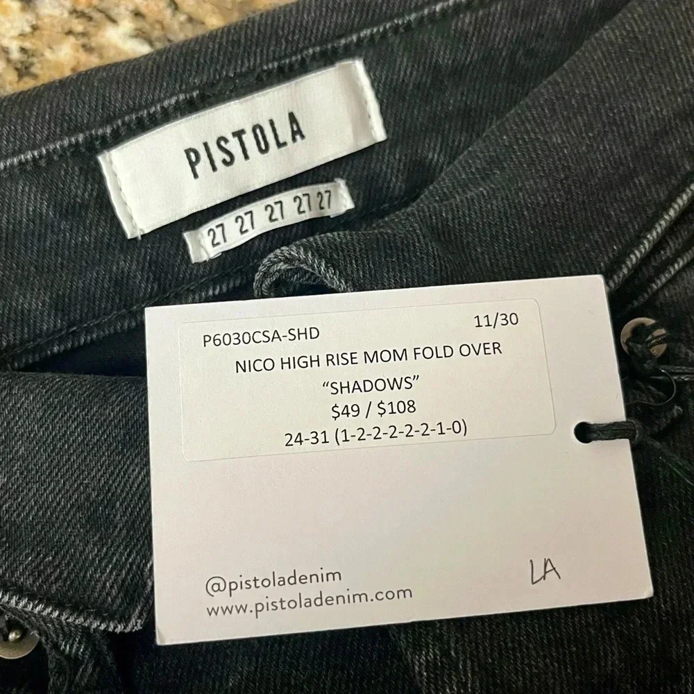 Pistola Nico High Rise Mom Jeans Black Shadow Wash Distressed Straight Leg 27x27